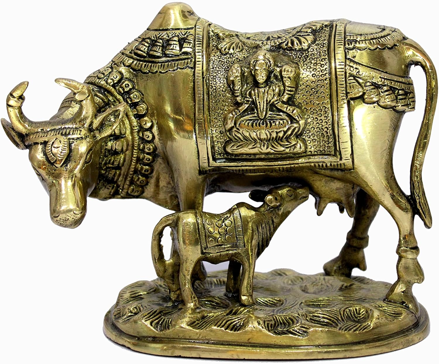 eSplanade Brass Holy Kamdhenu Kamadhenu Cow and Calf Sculpture - Lucky Figurine Idol Statue Sculpture- 6",5.5", 2.75"
