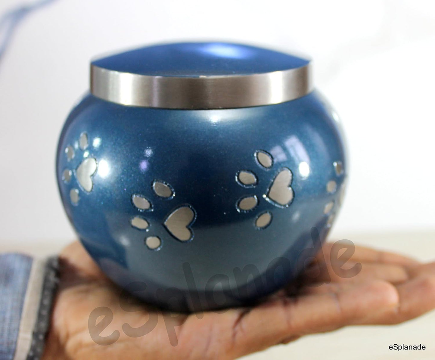 eSplanade Pet Cremation Urn Memorials Container Jar Pot | Brass Urn | Metal Urn | Burial Urn | Memorials Keepsake | Pet Dog Cat Urn (Blue)