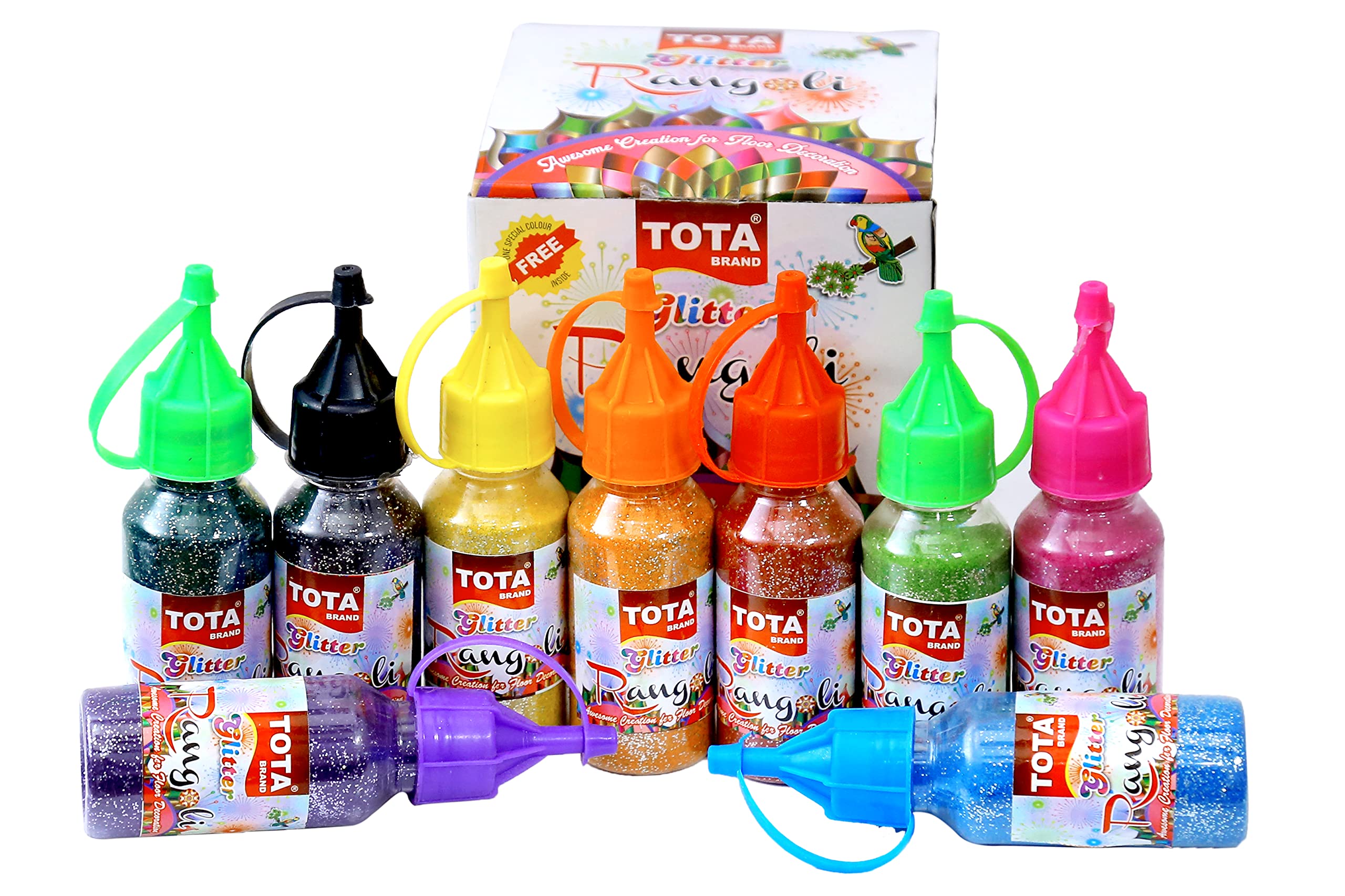 TOTA Rangoli Colour Powder Bottles for Floor, Home Decor, Diwali decoration, Pooja, Art and Craft . Set of 8 & 10 Different Glitter Rangoli Colors in Squeeze Bottle with 1 Free Special Black Colour