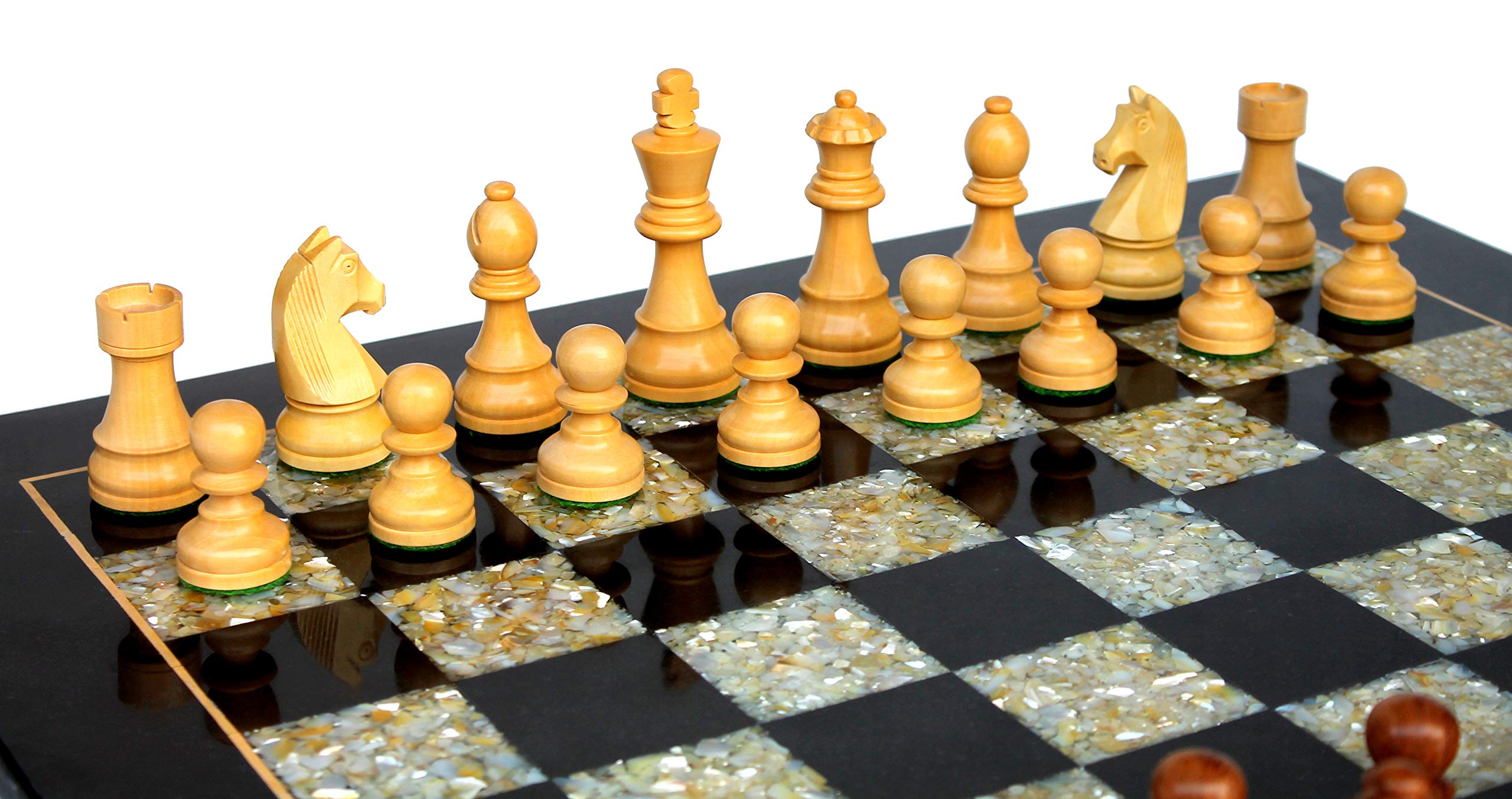 StonKraft Collectible Black Marble and (MOP) Mother of Pearl Chess Board Set with Wooden Chess Pieces (2 Extra Queens) - Home DŽcor - 21" Inches