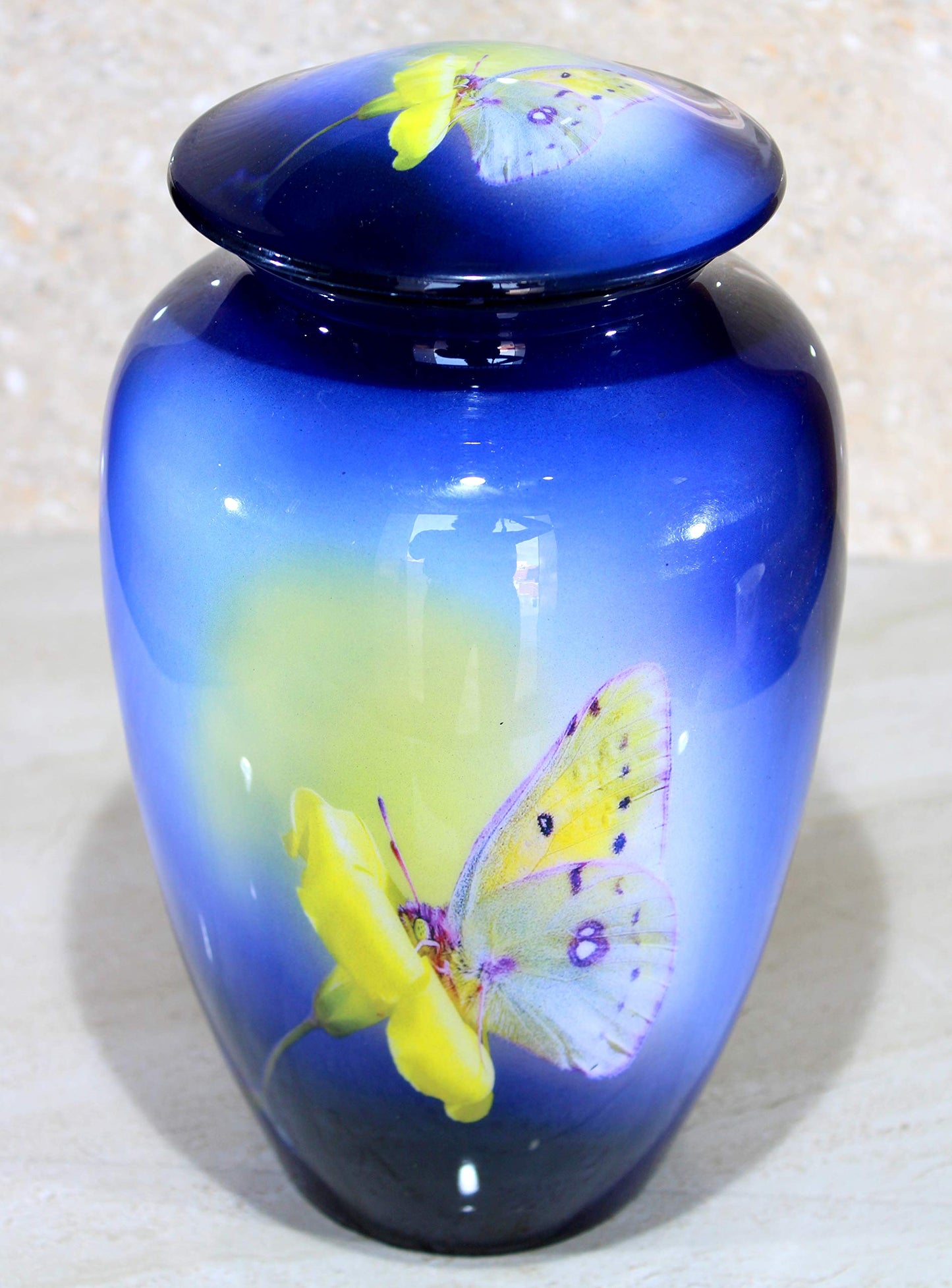 eSplanade Metal Cremation Urn Memorial Jar Pot Container | Full Size Urn for Funeral Ashes Burial | Colorful Butterflies Print | White - 10" Inches