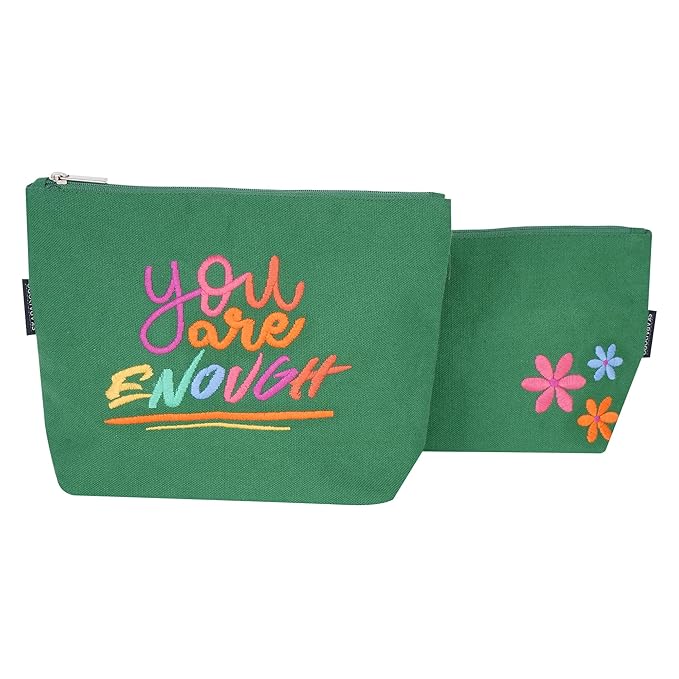 Skapadoro Travel Cosmetic Makeup Pouch Kit for Girls Women, Cotton with Waterproof Recycled Lining Set of 2 - Make-up Pouch, Toiletries Kit (Green)