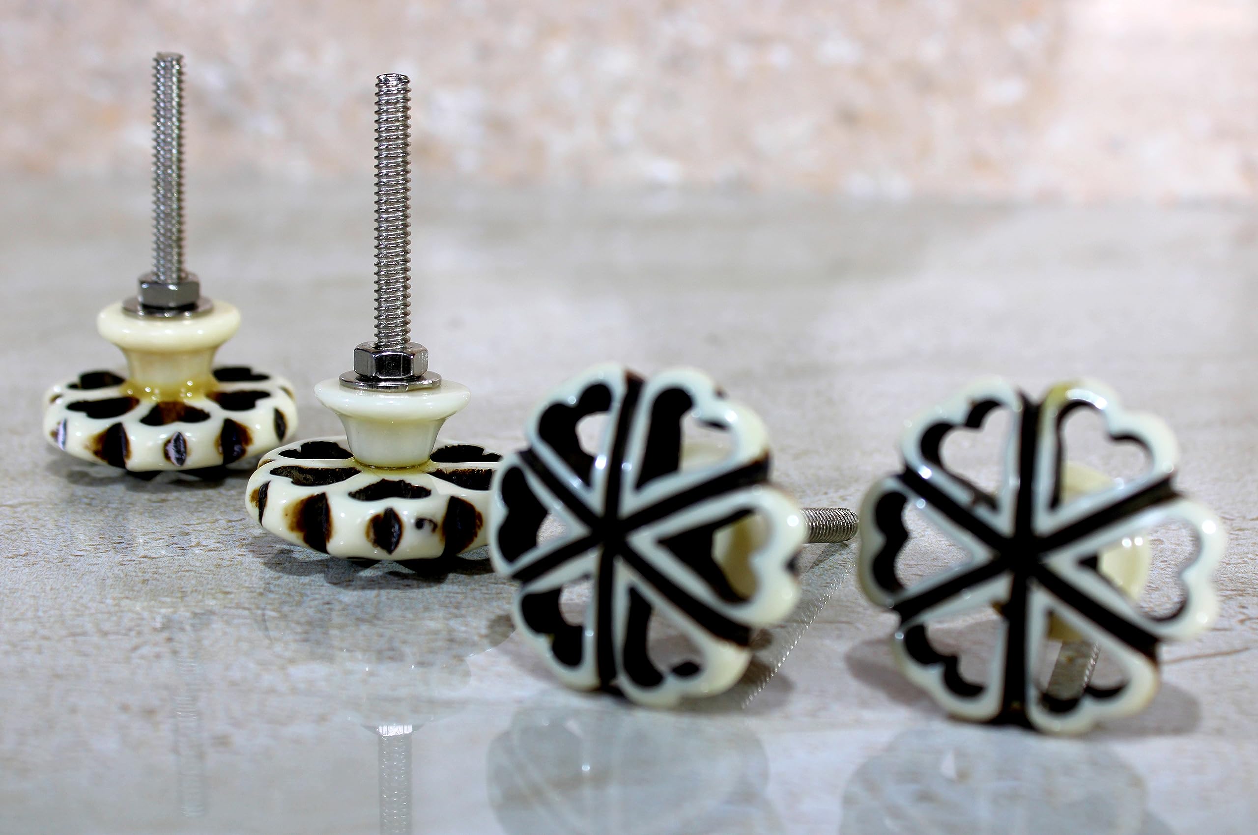 eSplanade Cupboard Cabinet Door Decorative Knobs - Set of 4 | Drawer Handles Cupboard Pulls Almirah Hooks | Round-Floral - Acrylic Plastic - Diameter 4 cms - White-Black (Floral Knob 1-12)
