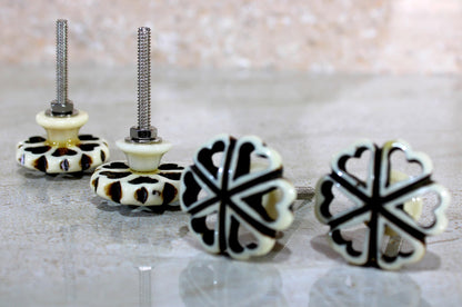 eSplanade Cupboard Cabinet Door Decorative Knobs - Set of 4 | Drawer Handles Cupboard Pulls Almirah Hooks | Round-Floral - Acrylic Plastic - Diameter 4 cms - White-Black (Floral Knob 1)