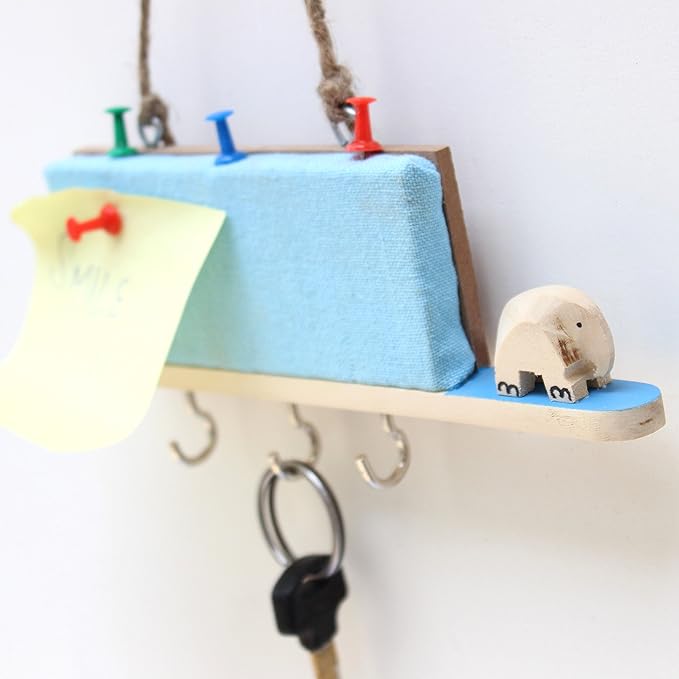 ESPLANADE Key Holder with Mini Pinboard - Stylish Wooden Key Holder with Pin-up Board - Key Organizer Wall Hooks - for Wall, Home Office Decor with Handcrafted Elephant - Blue