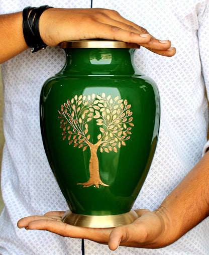 eSplanade Brass Cremation Urn Memorial Jar Pot Container | Full Size Urn for Funeral Ashes Burial | Tree Engraved Metal Urn | Green - 10" Inches