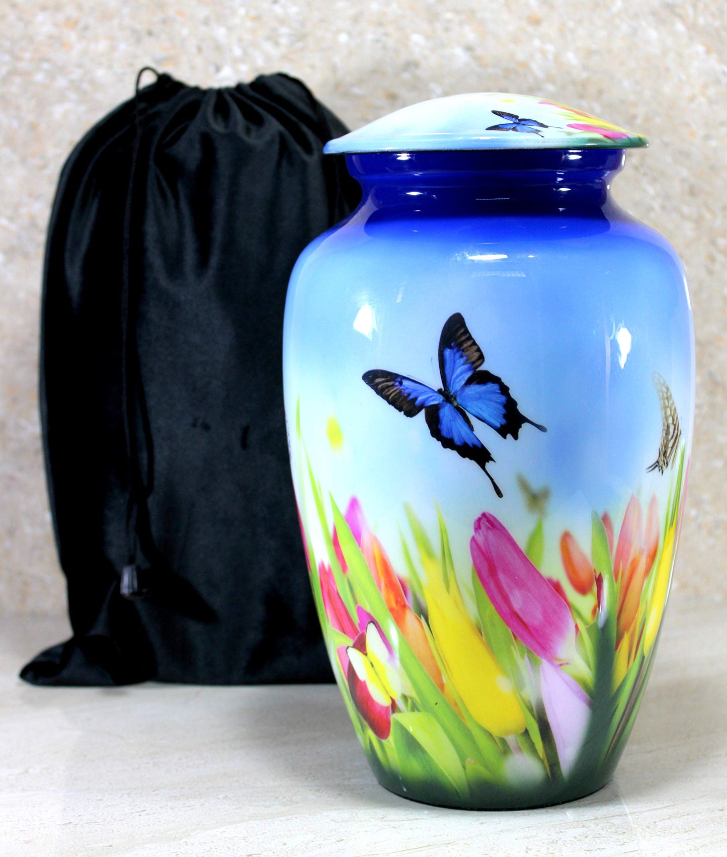 eSplanade Metal Cremation Urn Memorial Jar Pot Container | Full Size Urn for Funeral Ashes Burial | Colorful Butterflies Print | White - 10" Inches