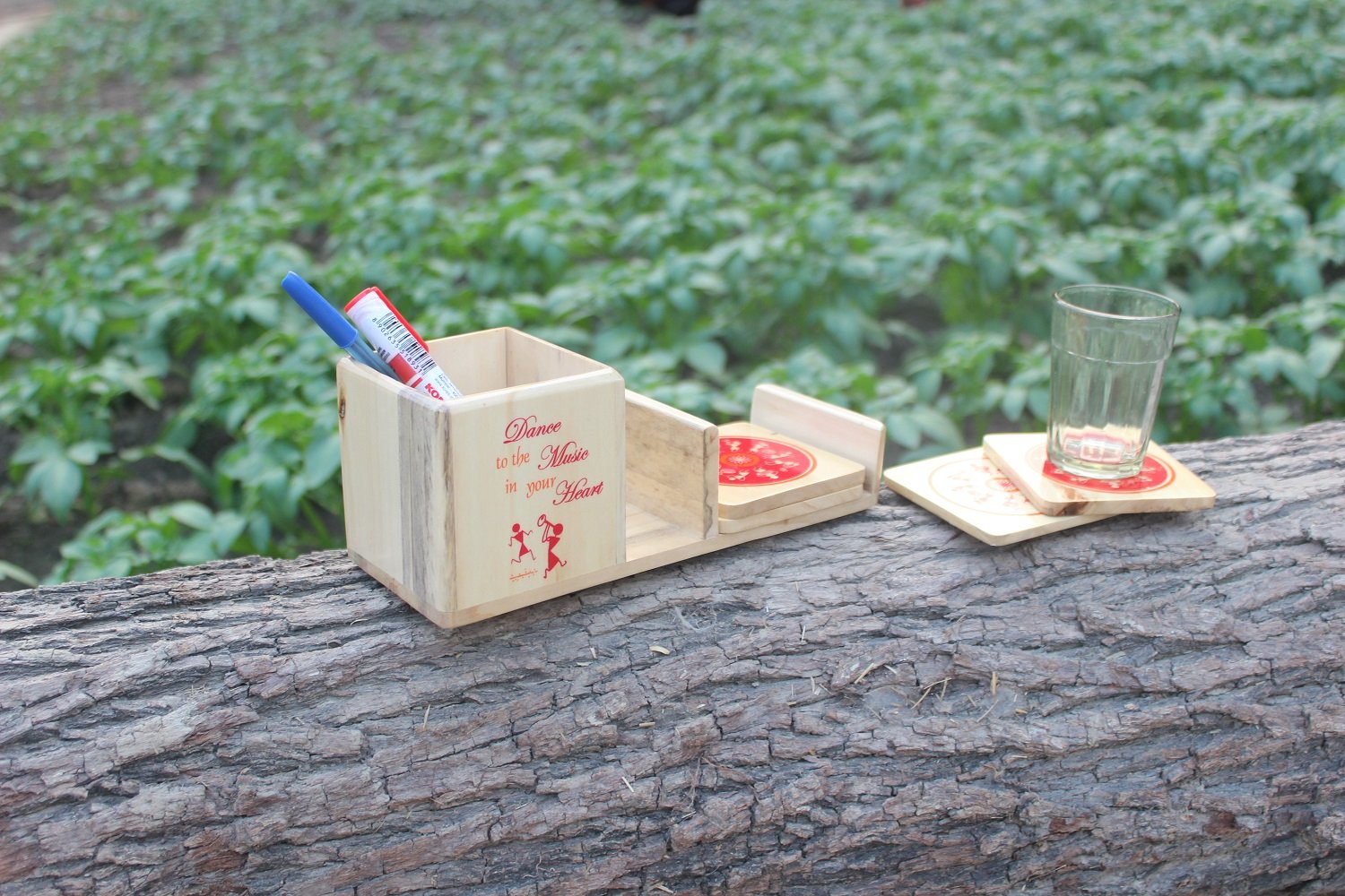 IVEI Warli Wooden Pen Stand with Mobile Holder and Coaster - Utility Pen Stand - Desk Organizer - Stationery Holder - Table Top Items - Unique Pattern Coaster - Best Gift for Office and Home