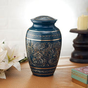 Esplanade Brass Urn for Ashes Adult Male Female – 9" Cremation Urn for Human Ashes, Full Size Large Urn, Geometric Floral Navy Blue Colour, Funeral Vase with Velvet Bag - for 65kg Adult
