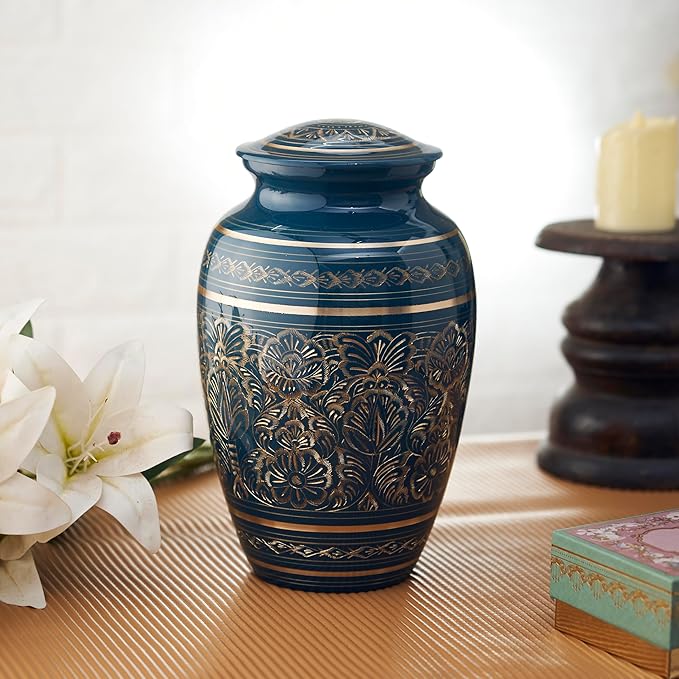 Esplanade Brass Urn for Ashes Adult Male Female – 9" Cremation Urn for Human Ashes, Full Size Large Urn, Geometric Floral Navy Blue Colour, Funeral Vase with Velvet Bag - for 65kg Adult