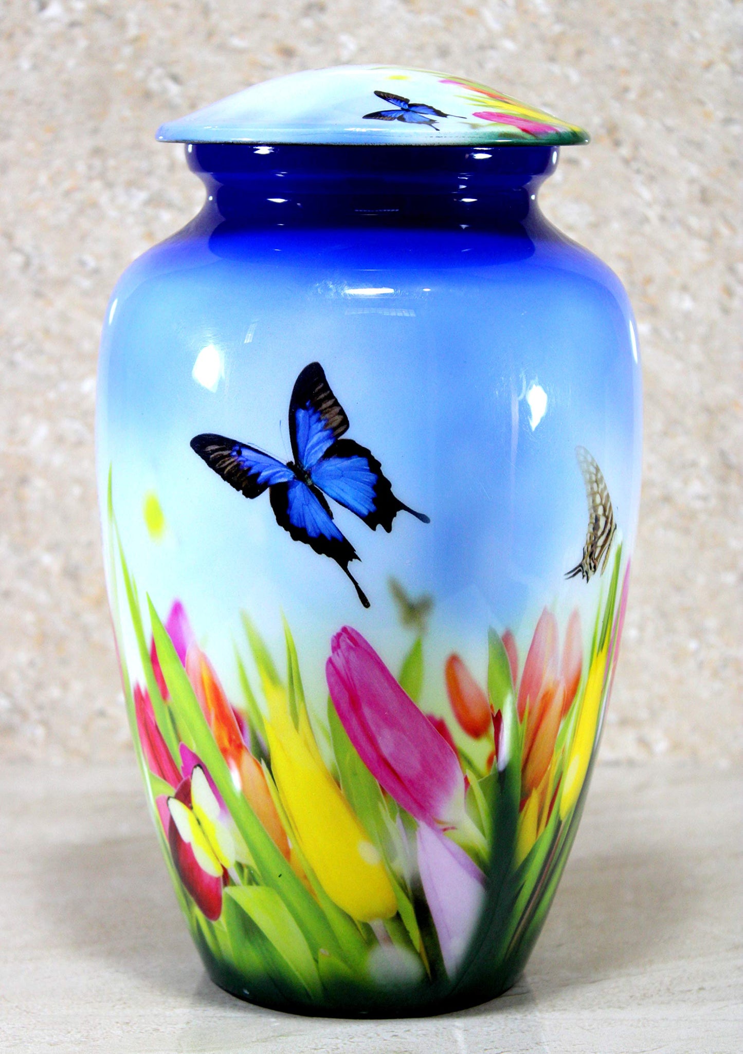 eSplanade Metal Cremation Urn Memorial Jar Pot Container | Full Size Urn for Funeral Ashes Burial | Colorful Butterflies Print | White - 10" Inches