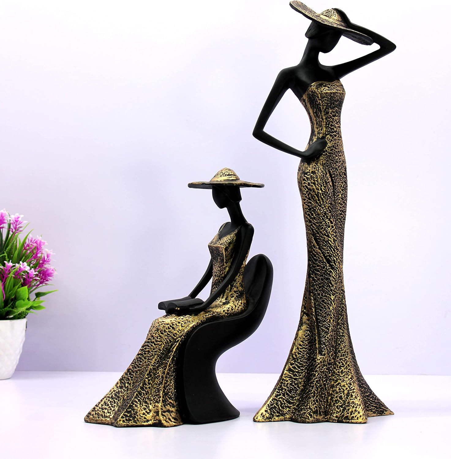 eSplanade Hat Cap Lady Showpiece Statue Sculpture Figurine | Set of 2 | Home Decor Valentine Day Gift | Resin - 18.5" Inches - Black-Golden