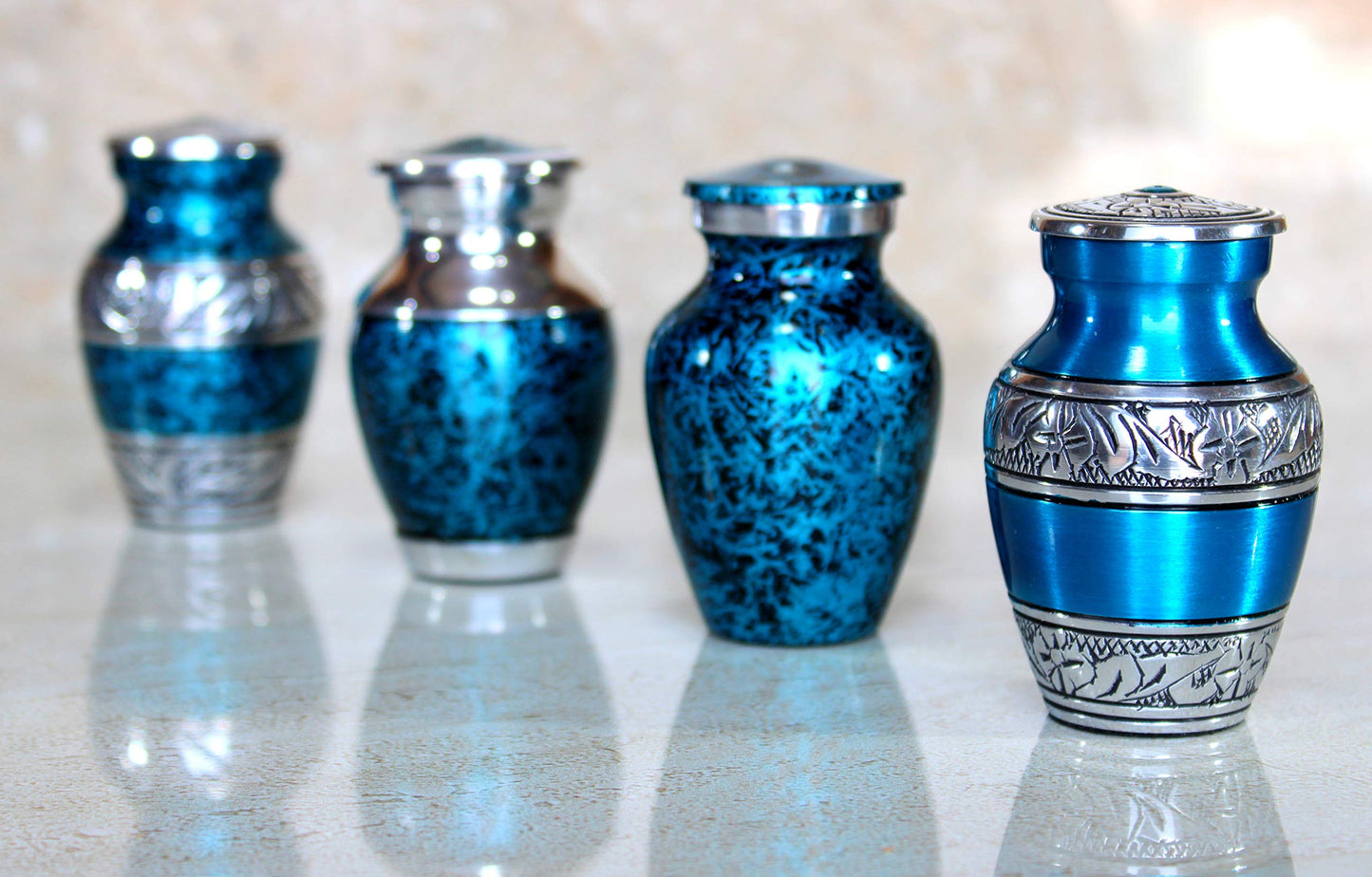 eSplanade Metal Mini Cremation Urn Keepsake Memorial Jar Pot Container - Set of 4 | Small Urns for Funeral Ashes Burial | Engraved and Textured Keepsakes | Blue - 3" Inches