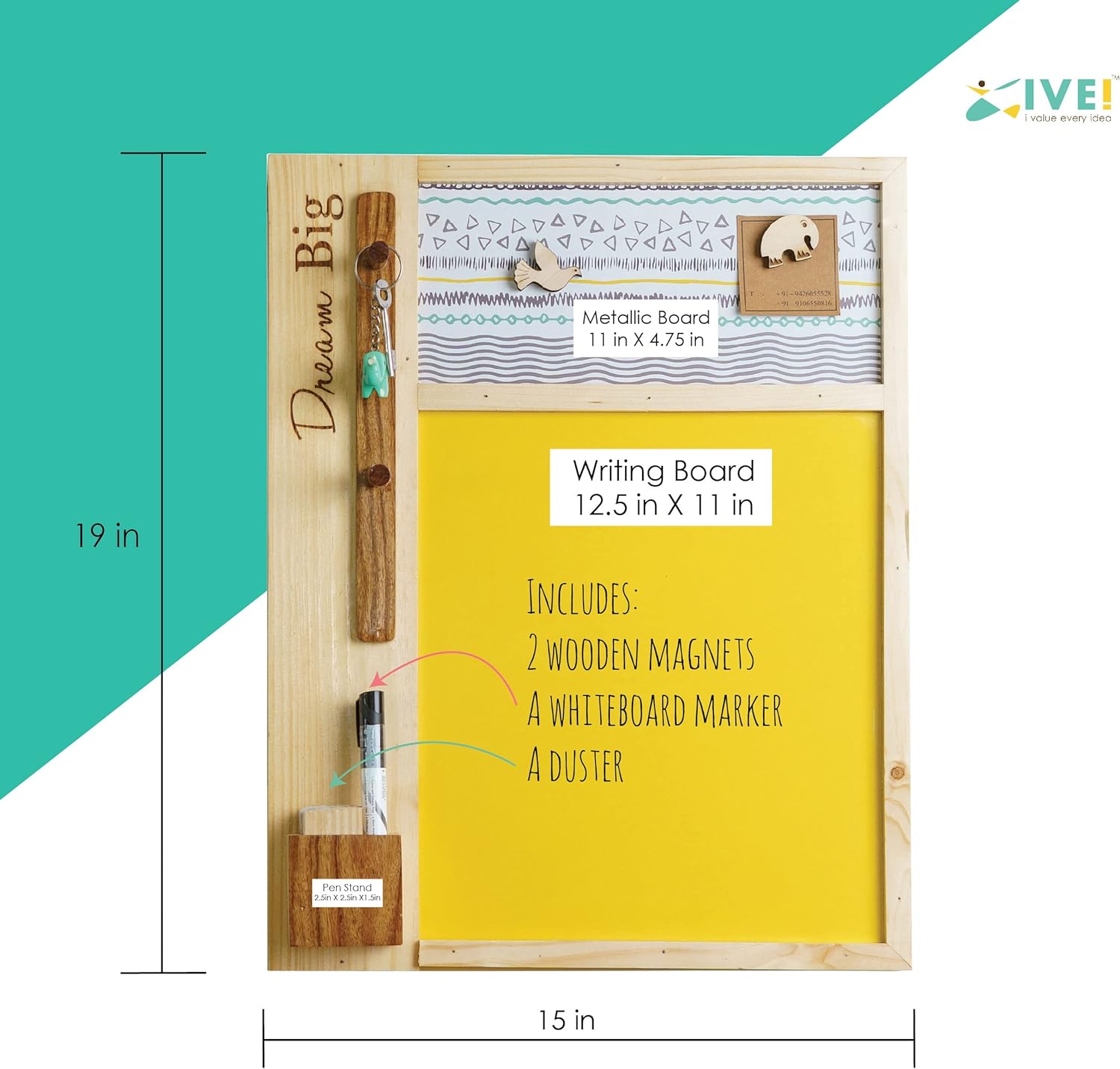 IVEI Dry Erase Yellow Board with Magnetic Board, Pen stand and Key Hooks| Mutli Utility Combination Board for Home, Office| Utility Wall Decor | Engraved Motivational Mood Board | Hobby Board