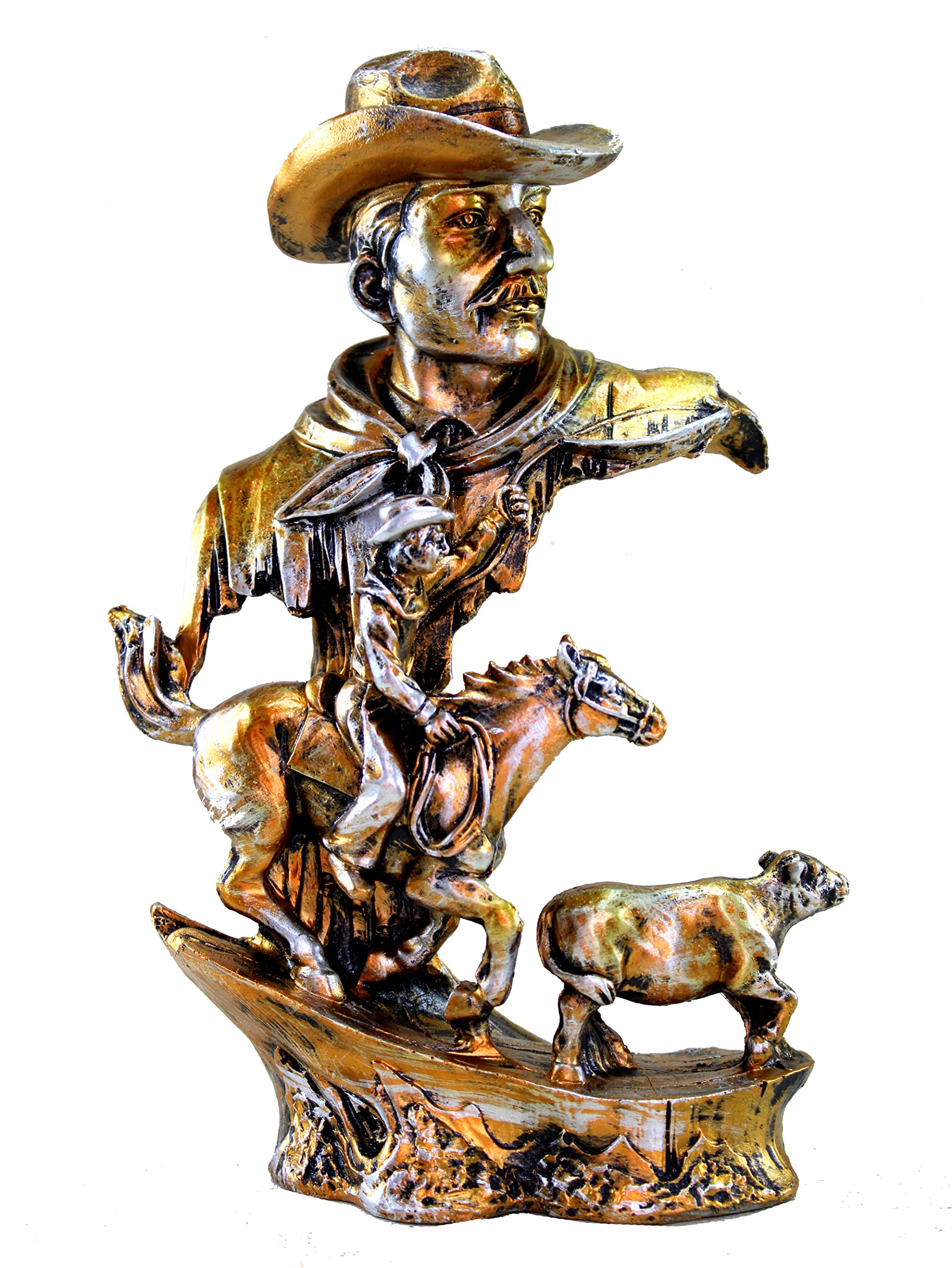 eSplanade Resin Cowboys with Horse, Cow Decorative Sculpture Showpiece Figurine - Home Decor - Grey Brown & Golden Brown- 9" Inches (Height)
