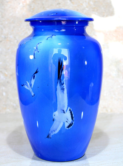 eSplanade Metal Cremation Urn Memorial Jar Pot Container | Full Size Urn for Funeral Ashes Burial | Seagull Printed Urn | Blue - 10" Inches