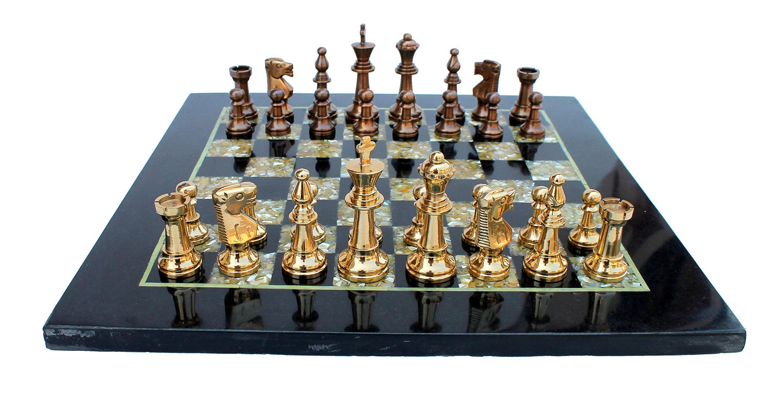 StonKraft Collectiblck e Black Marble & (MOP) Mother of Pearl Chess Board Set + Brass Chess Pieces - Decorative Stone Chess - Home Decor - 15" Inches