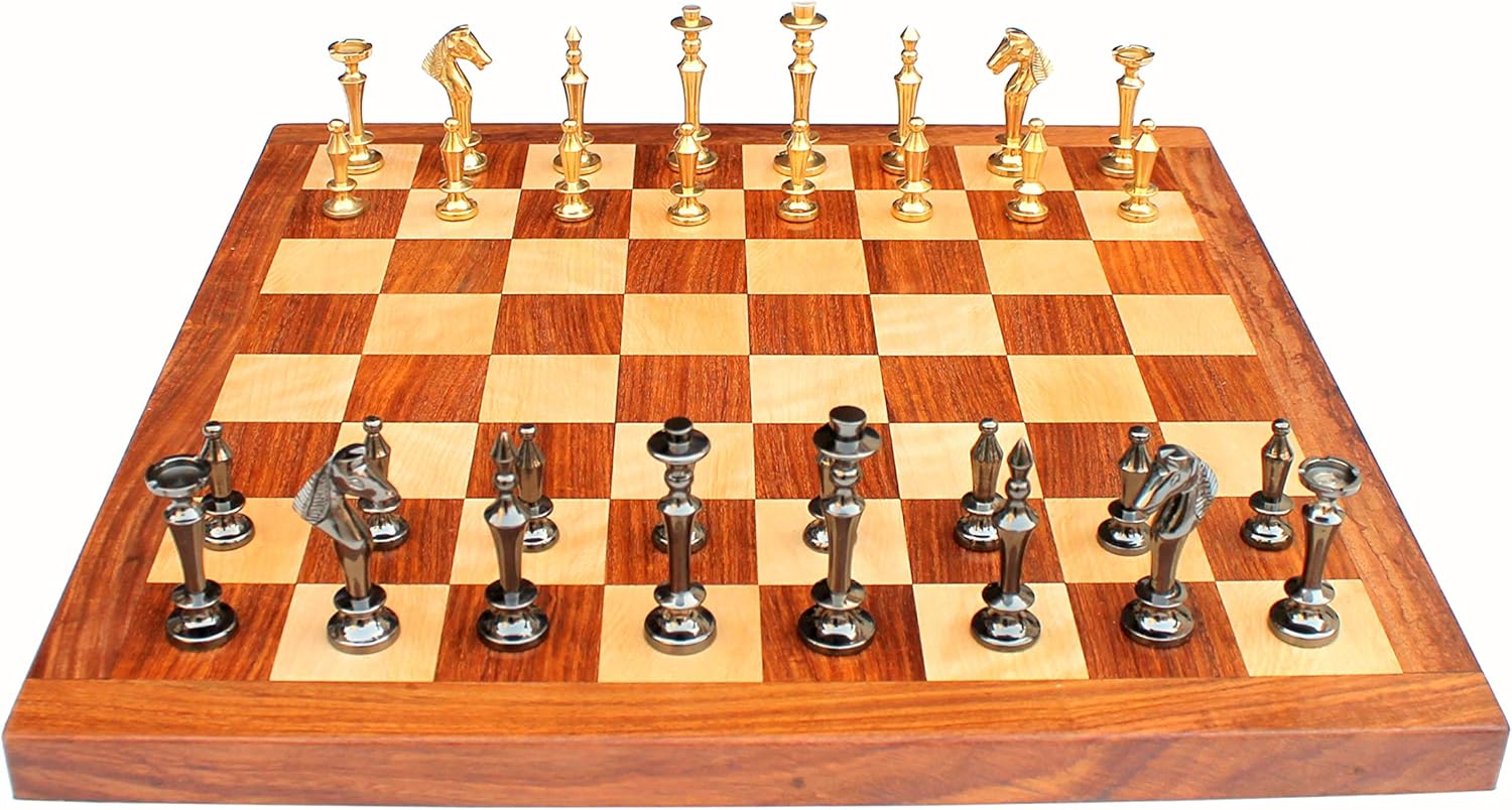 16" X 16" Collectible Acacia Wood Chess Game Board Set+Brass Pieces