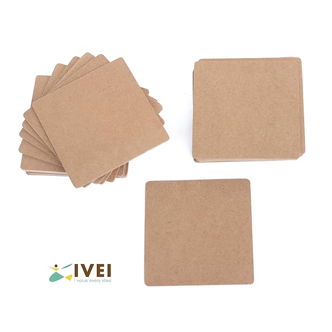 IVEI DIY Thin MDF Coasters Wood Sheet Craft -MDF Plain Wooden Coasters Shaped Blank Cutouts for Painting Wooden Sheet Craft, Decoupage, Resin Art Work & Decoration - Set of 20 (Square)