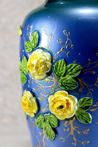 eSplanade Metal Cremation Urn Memorial Jar Pot Container | Full Size Urn for Funeral Ashes Burial | Elephant and Flowers Printed Metal Urn | Blue-Multi - 10" Inches