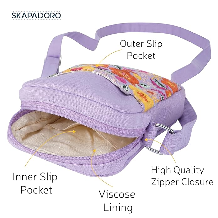 SKAPADORO Canvas Mobile Cross Body Sling Bag for Girls Women,100% Cotton, Embroidery, Zip Closure, Pocket, Adjustable Strap, Compact Everyday Bag - Flowers (Lilac)