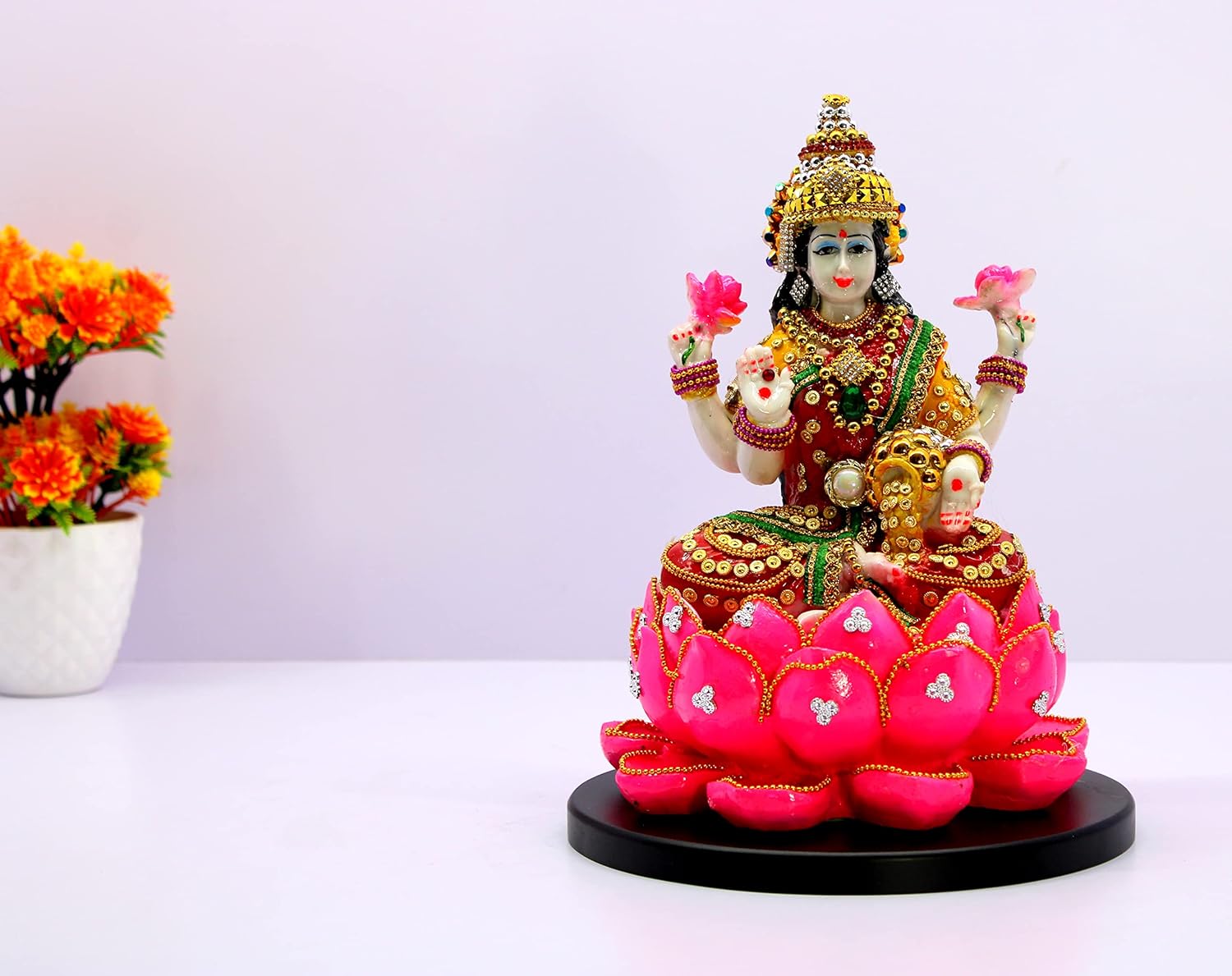eSplanade Lakshmi on Lotus | Laxmi Goddess Murti Idol Statue Sculpture Figurine - Resin - 11" Inches & 7" Inches - Multicolour