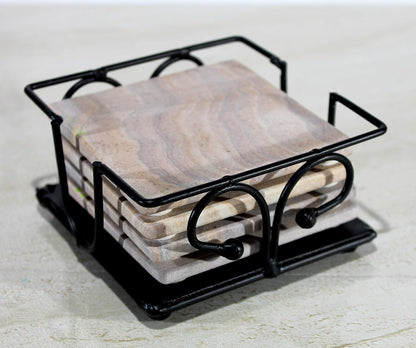 KLEO Sand Stone Tea Coffee Coasters Set with Wrought Iron Holder (Square) (Sand, Grey Colour)