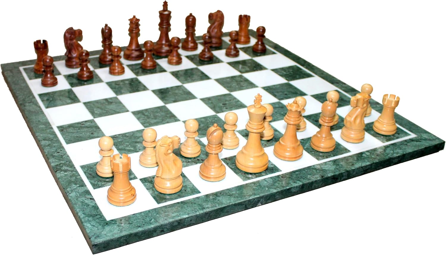 StonKraft Collectible Green Marble Chess Board Set + Brass Wooden Combo Pieces Pawns - Decorative Stone Chess - Home Decor