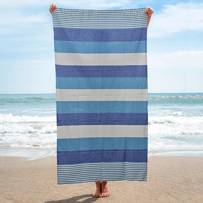 Turkish Beach Towel |100% Cotton Bath Towel | Ultra-Absorbent, Pool, Travel, Quick-Dry, Lightweight, Oversized, Sandproof| Fast Drying | Multi-Purpose Towels | Striped (Blue)