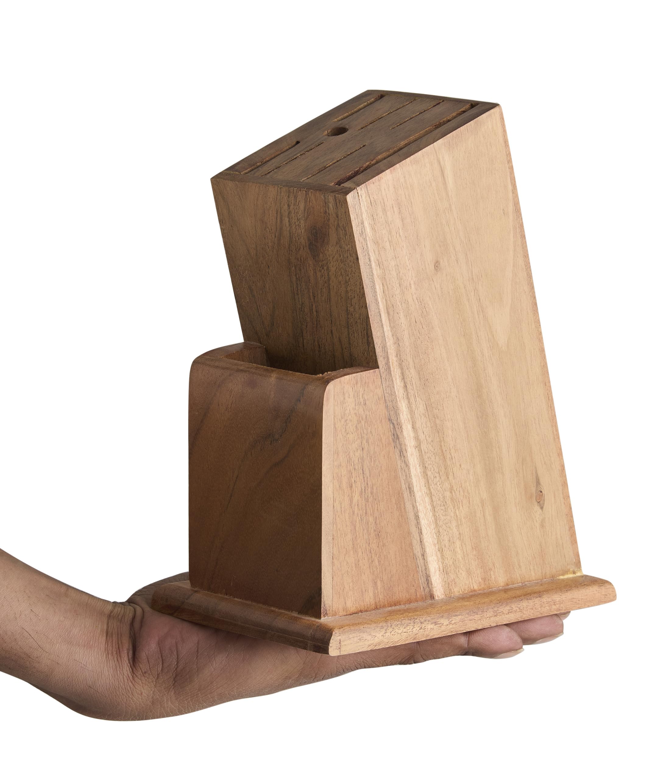 KLEO Knife Holder Stand for Kitchen - Universal Cutlery Holder in Teak Wood | Eco-Friendly, Durable, Multi-Size Knife Block with Anti-Slip Feet | Handmade by Skilled Artisans