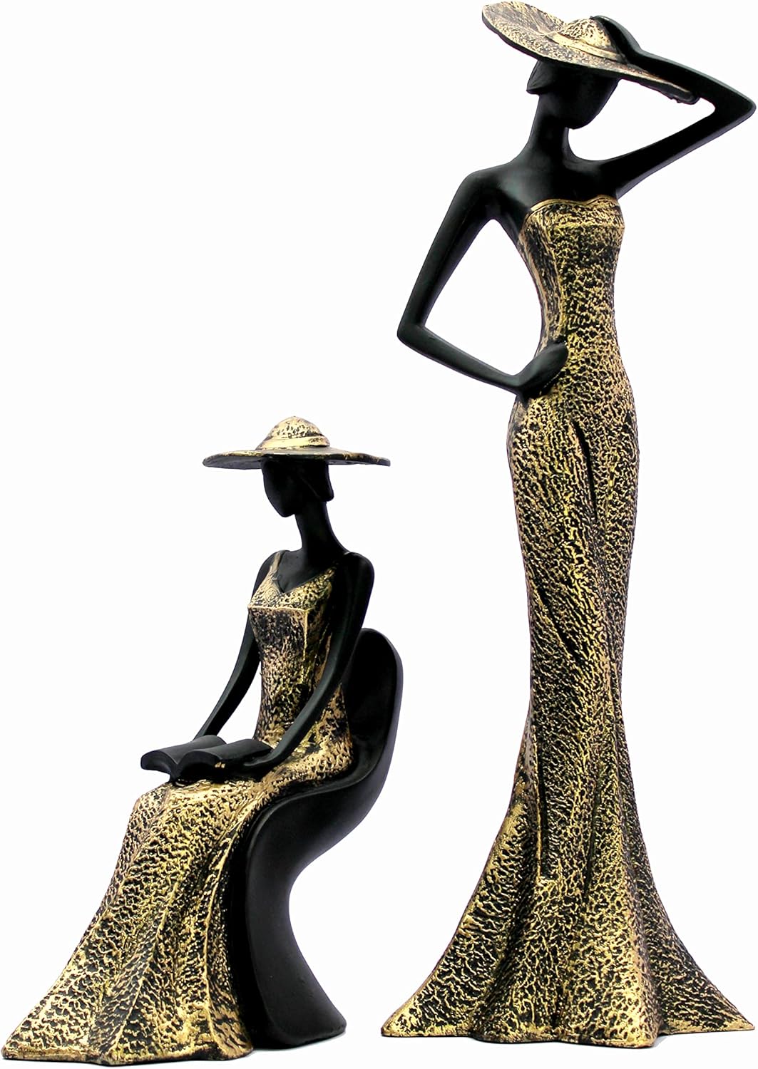 eSplanade Hat Cap Lady Showpiece Statue Sculpture Figurine | Set of 2 | Home Decor Valentine Day Gift | Resin - 18.5" Inches - Black-Golden