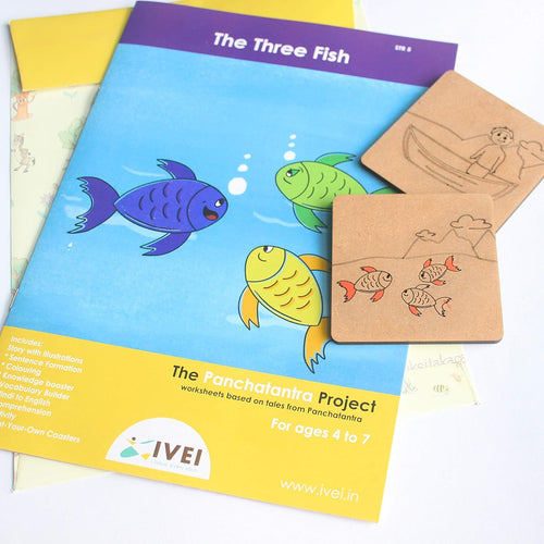IVEI Panchatantra Kids Learning Book - Workbook and DIY coasters of Panchatantra Story - Colouring Activity Worksheets - Creative Fun Activity and Education For Kids - The Three Fish ( Age 4 to 7 Years )
