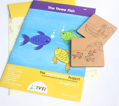 IVEI Panchatantra Kids Learning Book - Workbook and DIY coasters of Panchatantra Story - Colouring Activity Worksheets - Creative Fun Activity and Education For Kids - The Three Fish ( Age 4 to 7 Years )