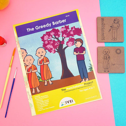 IVEI Panchatantra Kids Learning Book - Workbook and 2 DIY coasters of Panchatantra Story - Colouring Activity Worksheets - Creative Fun Activity and Education For Kids - The Greedy Barber ( Age 4 to 7 Years )