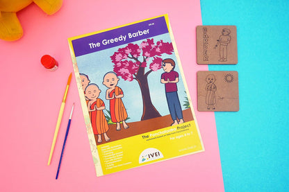 IVEI Panchatantra Kids Learning Book - Workbook and 2 DIY coasters of Panchatantra Story - Colouring Activity Worksheets - Creative Fun Activity and Education For Kids - The Greedy Barber ( Age 4 to 7 Years )