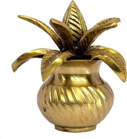 eSplanade Brass Kalash Kalasha with Leaves for Temple Attire - Decorative Items - Home Decor - Golden - 4.5" Inches