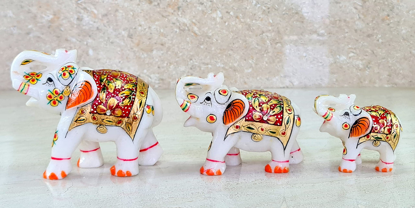 eSplanade Marble Elephant Family - Set of 2 - Sculpture Showpiece Figurines - Home Decor - White Multi - 5" Inches