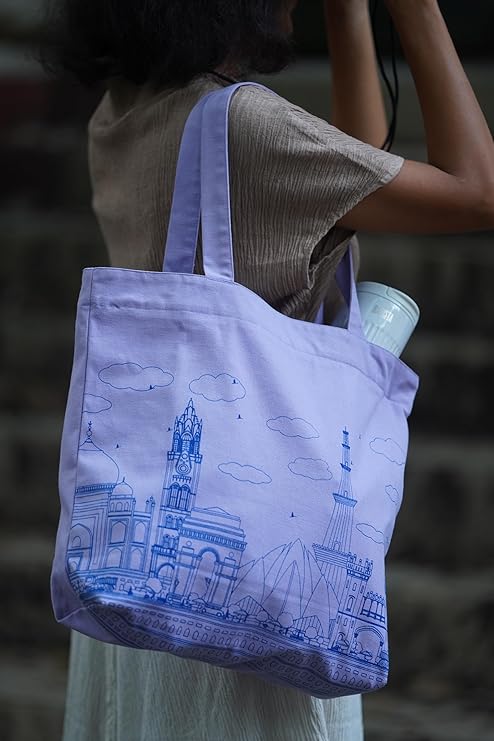 SKAPADORO Canvas Big Zip Printed Handbag Tote,100% Cotton, Inner pocket, Ecofriendly Bag for Women, Travel College Beach Shopping, Easy to Wash Everyday Shoulder Bag - Quirky Desi Graphic Designs