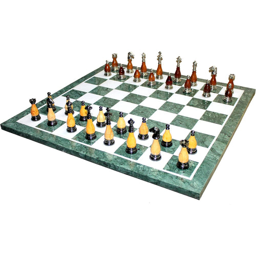 StonKraft Collectible Green Marble Chess Board Set + Brass Wooden Combo Pieces Pawns - Decorative Stone Chess - Home Decor