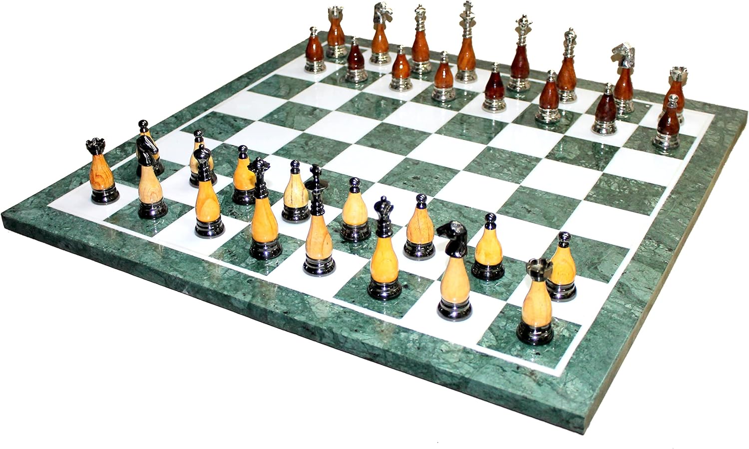 StonKraft Collectible Green Marble Chess Board Set + Brass Wooden Combo Pieces Pawns - Decorative Stone Chess - Home Decor