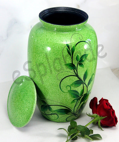 eSplanade Metal Cremation Urn Memorial Jar Pot Container | Full Size Urn for Funeral Ashes Burial | Swirl Leaves Printed Urn | Green - 10" Inches