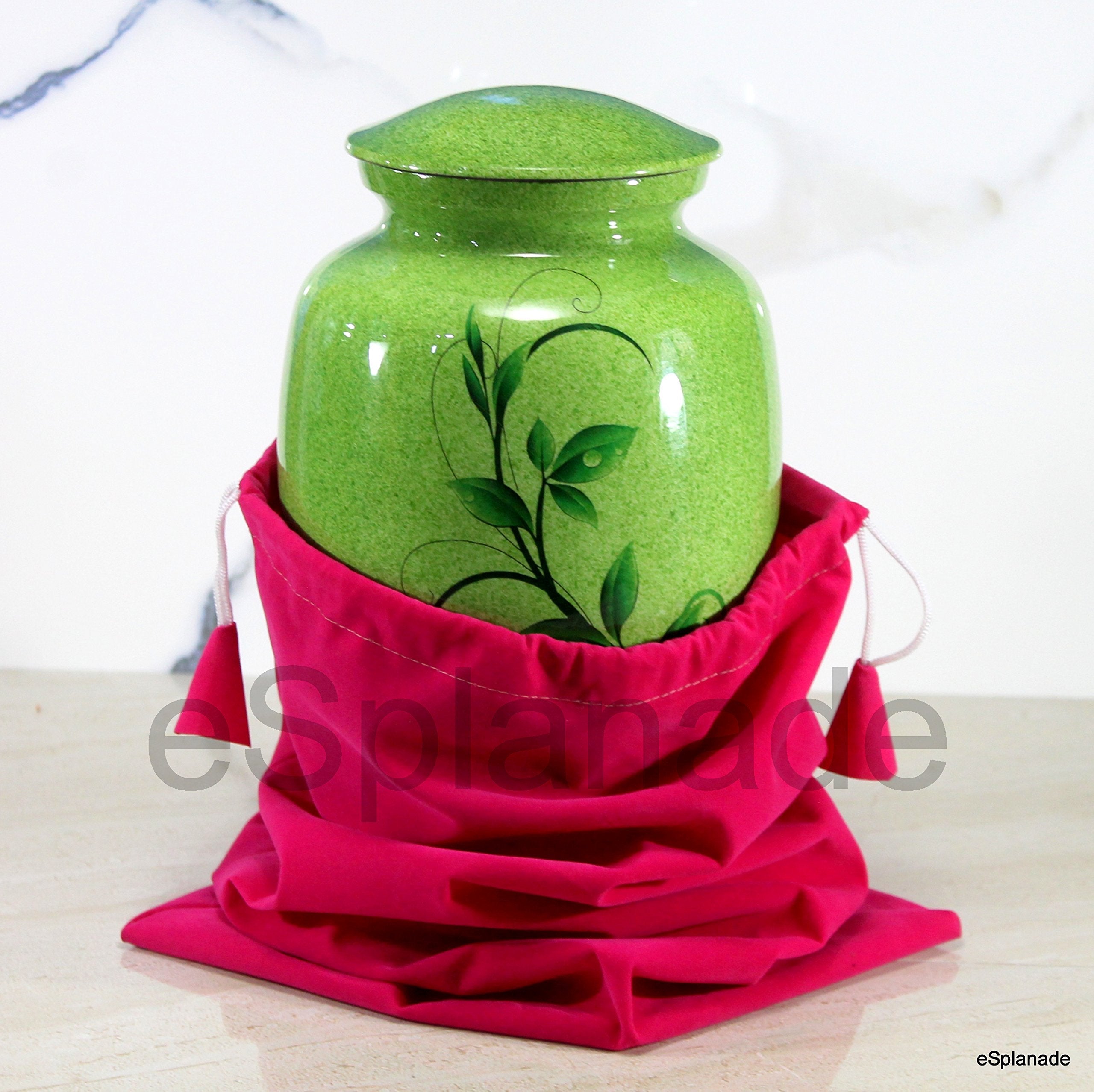 eSplanade Metal Cremation Urn Memorial Jar Pot Container | Full Size Urn for Funeral Ashes Burial | Swirl Flower Print | White - 10" Inches