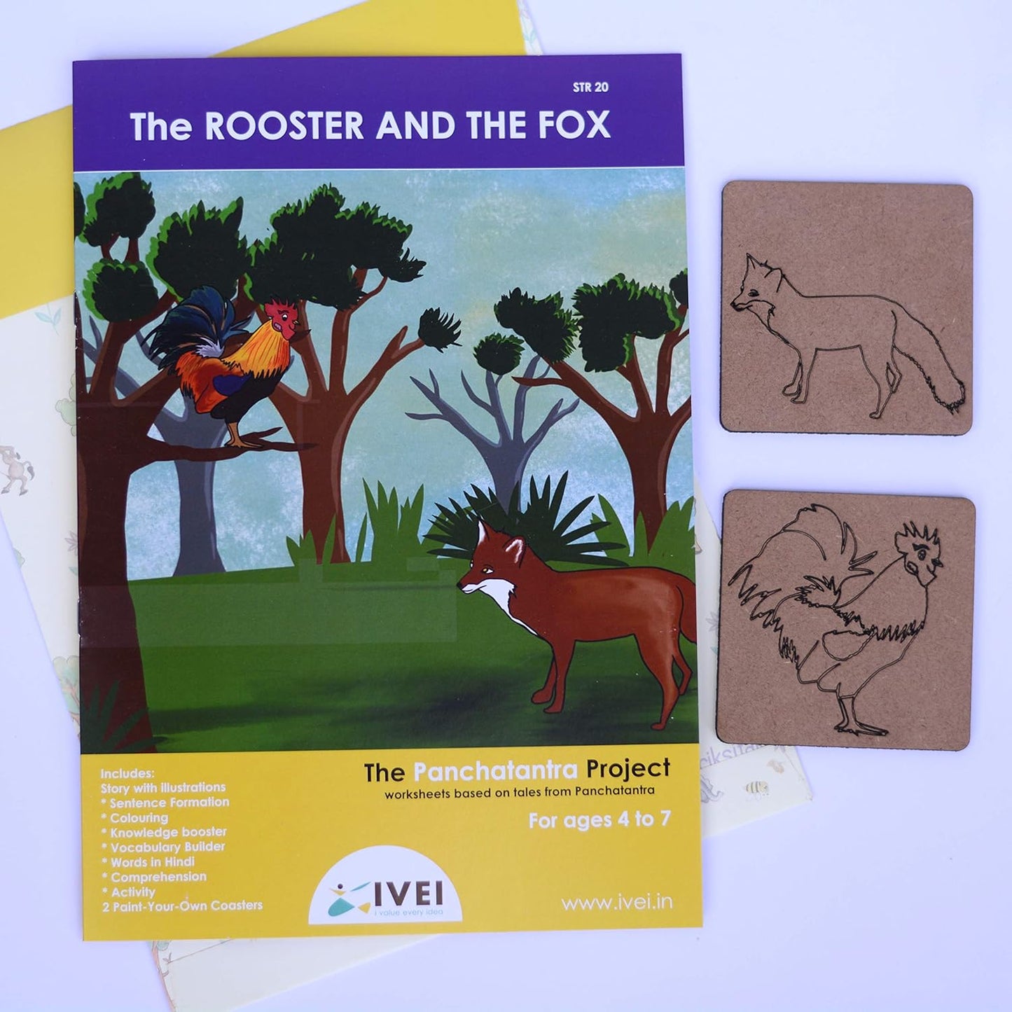 IVEI Panchatantra Kids Learning Book - Workbook and 2 DIY coasters of Panchatantra Story - Colouring Activity Worksheets - Creative Fun Activity and Education For Kids - The Rooster and the Fox