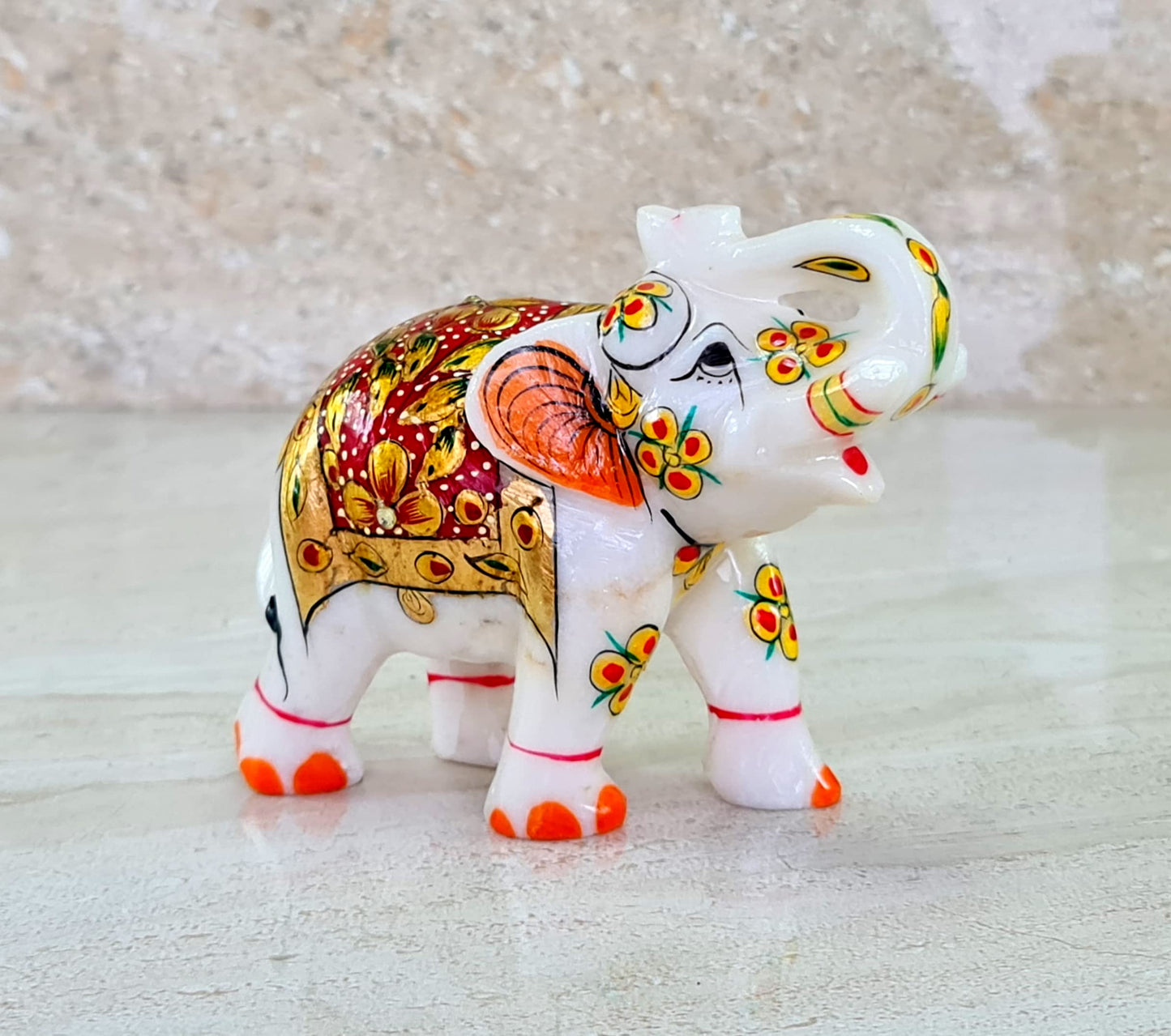 eSplanade Marble Elephant Family - Set of 2 - Sculpture Showpiece Figurines - Home Decor - White Multi - 5" Inches