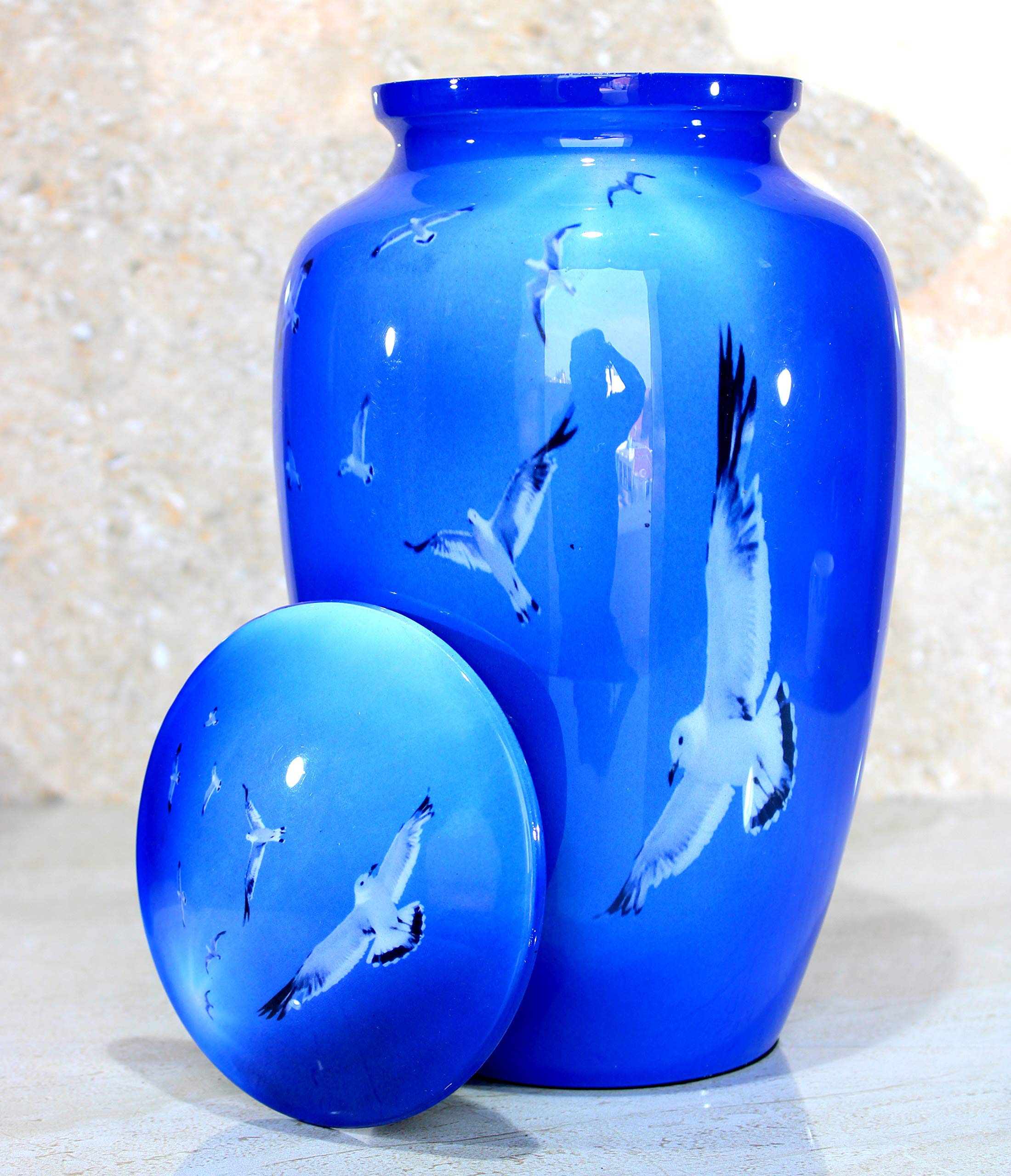 eSplanade Metal Cremation Urn Memorial Jar Pot Container | Full Size Urn for Funeral Ashes Burial | Falcon Printed Urn , Seagull Printed Urn ,White Pigeon Print   | Blue - 10" Inches