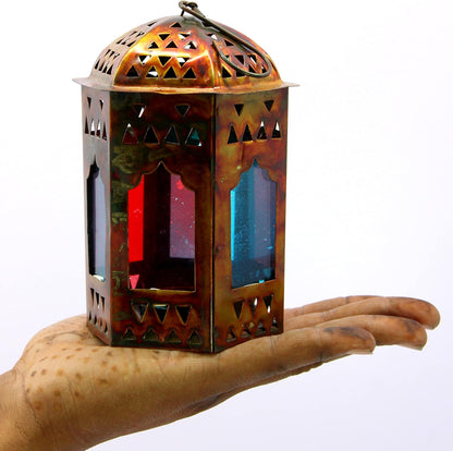 eSplanade Moroccan Lantern | Metal Hanging Lamp with Multi-colour Glass | Tealight Candle Holder - 6" Inches