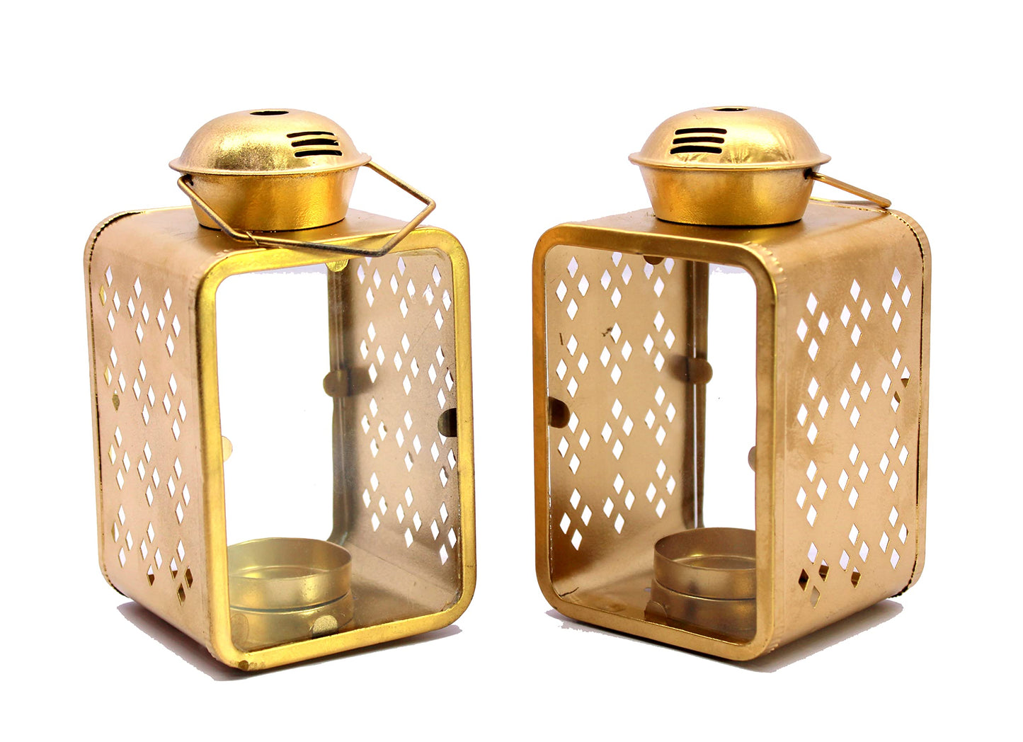 eSplanade Moroccan Lantern Metal Hanging Lamp with Glass Tealight Candle Holder - Set of 2-6" Inches - Golden (Golden)