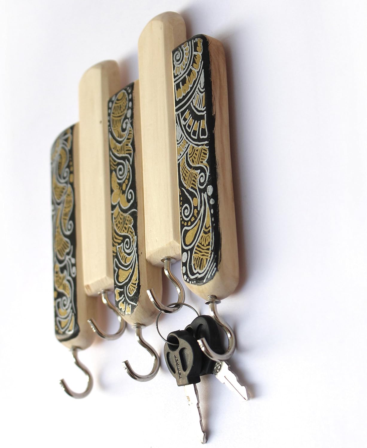 IVEI Wooden Keyholder with hooks for wall Hand Painted- Mehendi Art Hook - Handicrafts of India