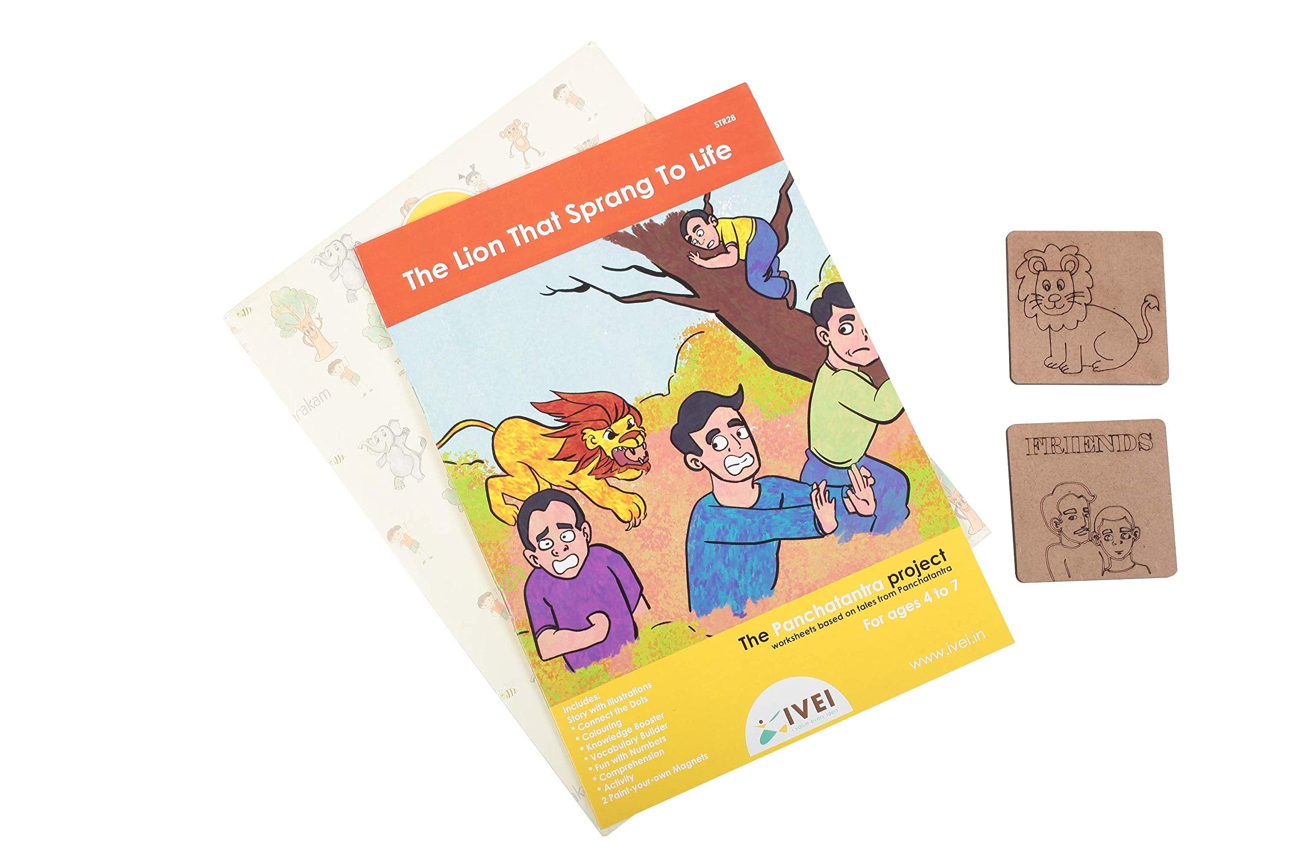 IVEI Panchatantra Story Kids Learning Book - Workbook and 2 DIY magnets - Colouring Activity Worksheets - Creative Fun Activity and Education For Kids - The Lion That Sprang To Life - Age 4 to 7 Years