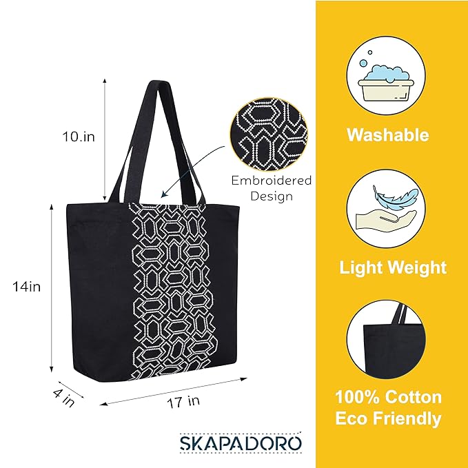 SKAPADORO Canvas Big Zip Handbag Tote,100% Cotton, Inner pocket, Unisex Embroidered Comfortable Bag for Travel Office Beach Shopping, Easy to Wash Trendy Everyday Shoulder Bag